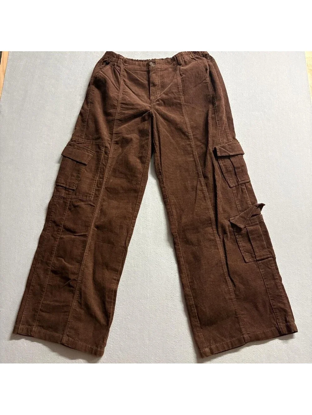 Forever 21 Corduroy Cargo Pants Womens XL Brown Wide Leg Elastic Waist Cotton
